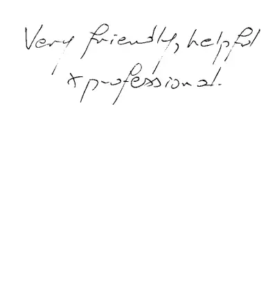 handwritten testimonial. Text reads: "Very friendly, helpful, and professional."